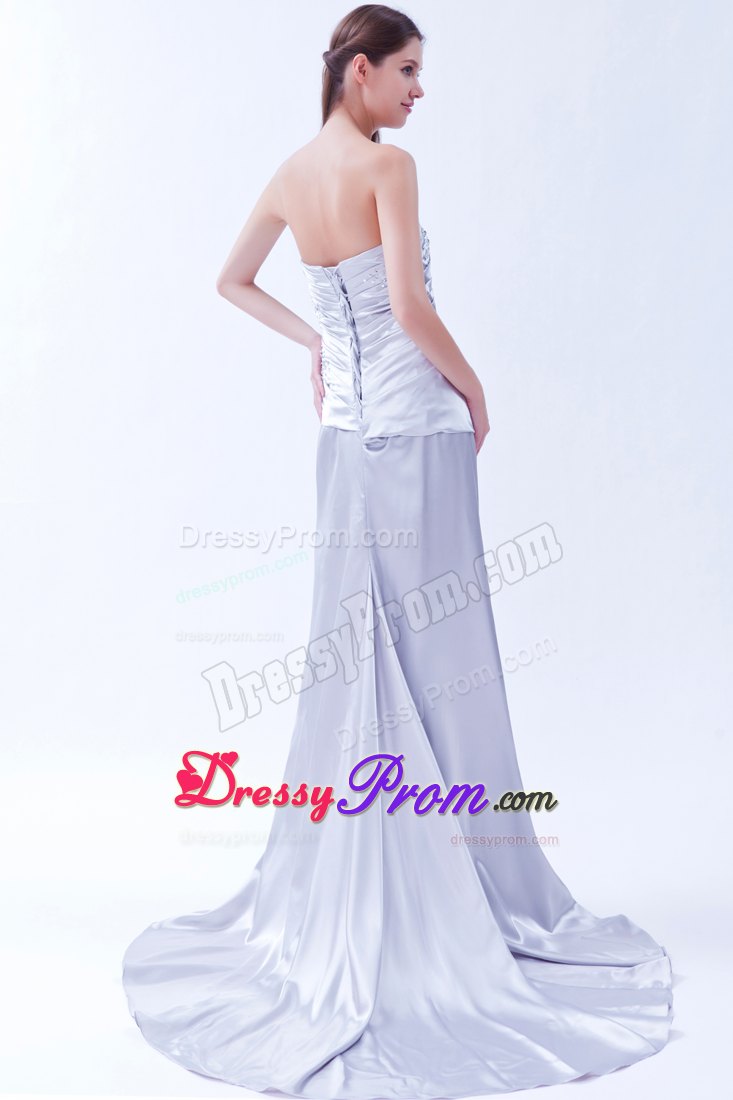 Pretty Court Train Beaded Ruched Lilac Prom Gown Dress A-line