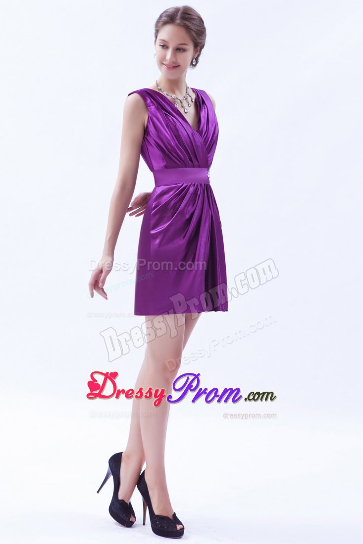 Custom Made V-neck Ruched Short Eggplant Purple Prom Dress