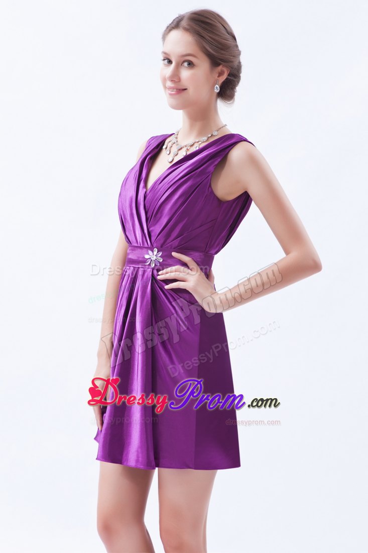 Custom Made V-neck Ruched Short Eggplant Purple Prom Dress
