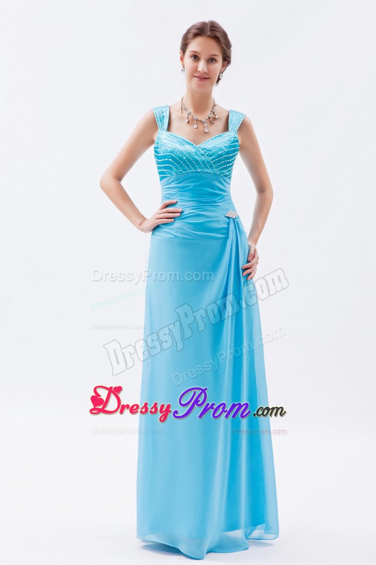 best Straps Long Baby Blue Prom Dama Dress for Quinceanera