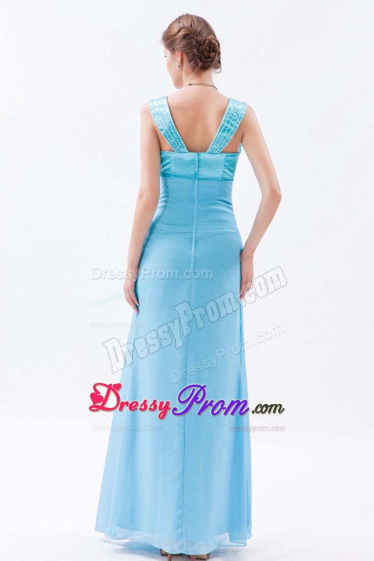 best Straps Long Baby Blue Prom Dama Dress for Quinceanera