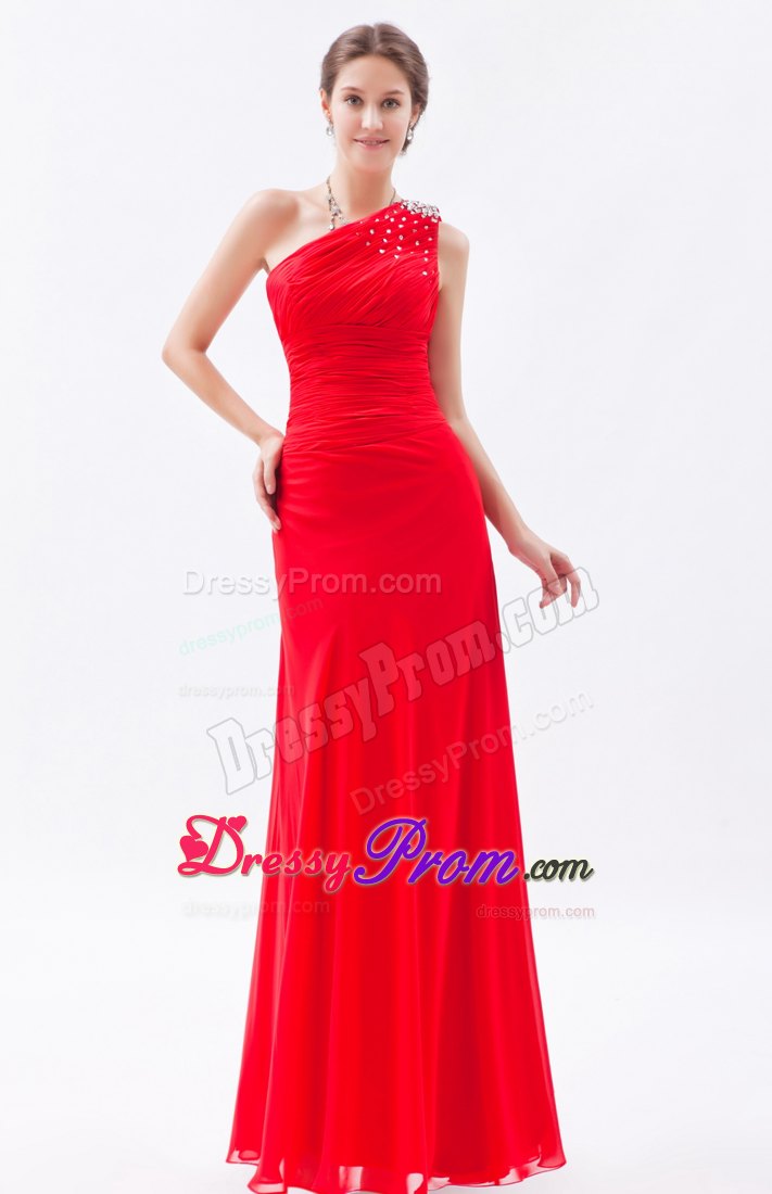 Design One Shoulder Ruched Red Prom Dress with Rhinestones