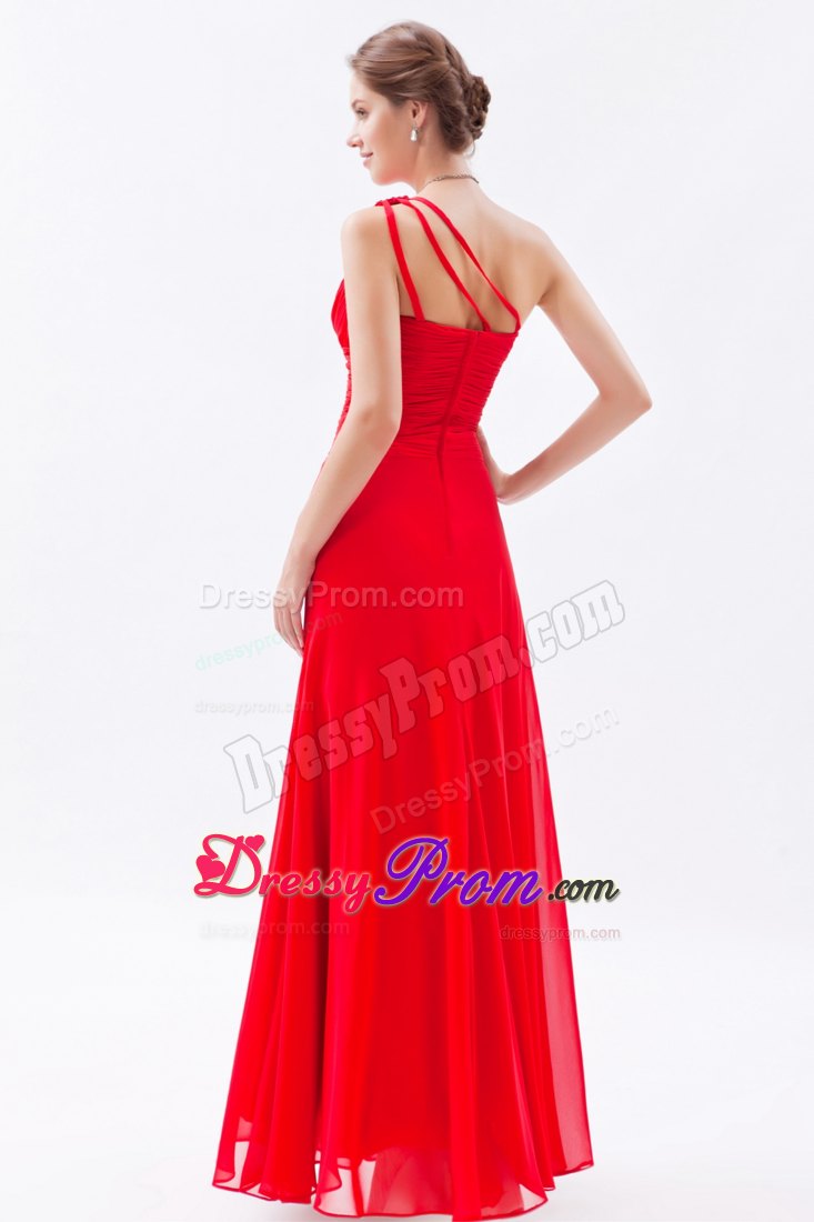 Design One Shoulder Ruched Red Prom Dress with Rhinestones