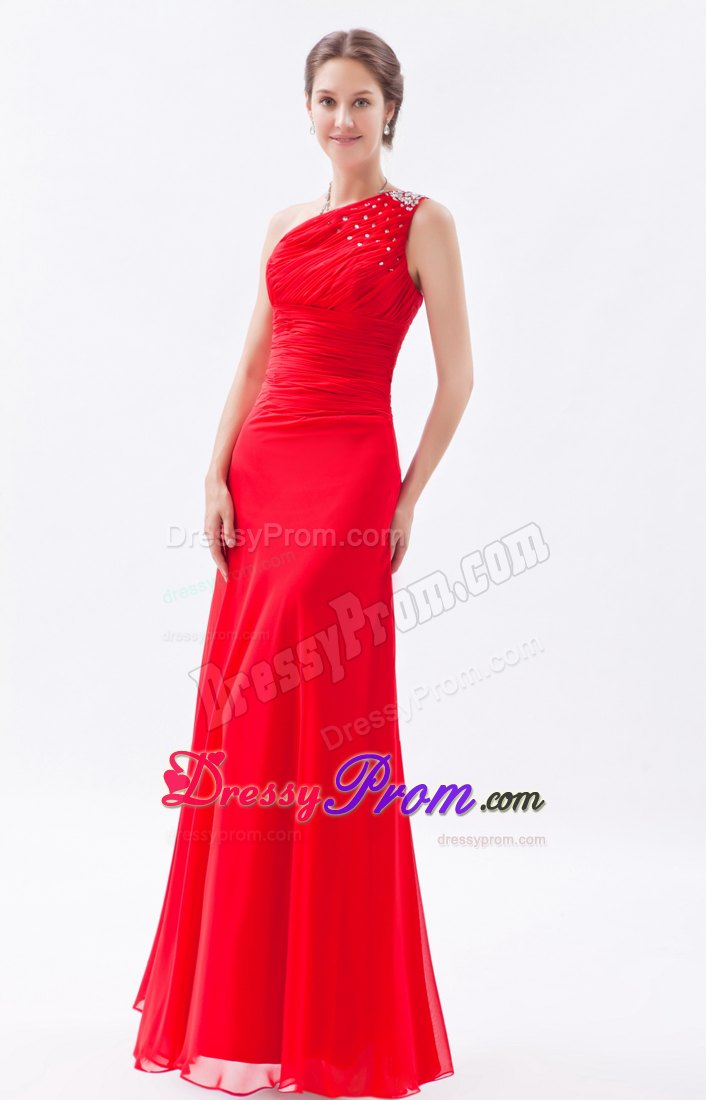 Design One Shoulder Ruched Red Prom Dress with Rhinestones