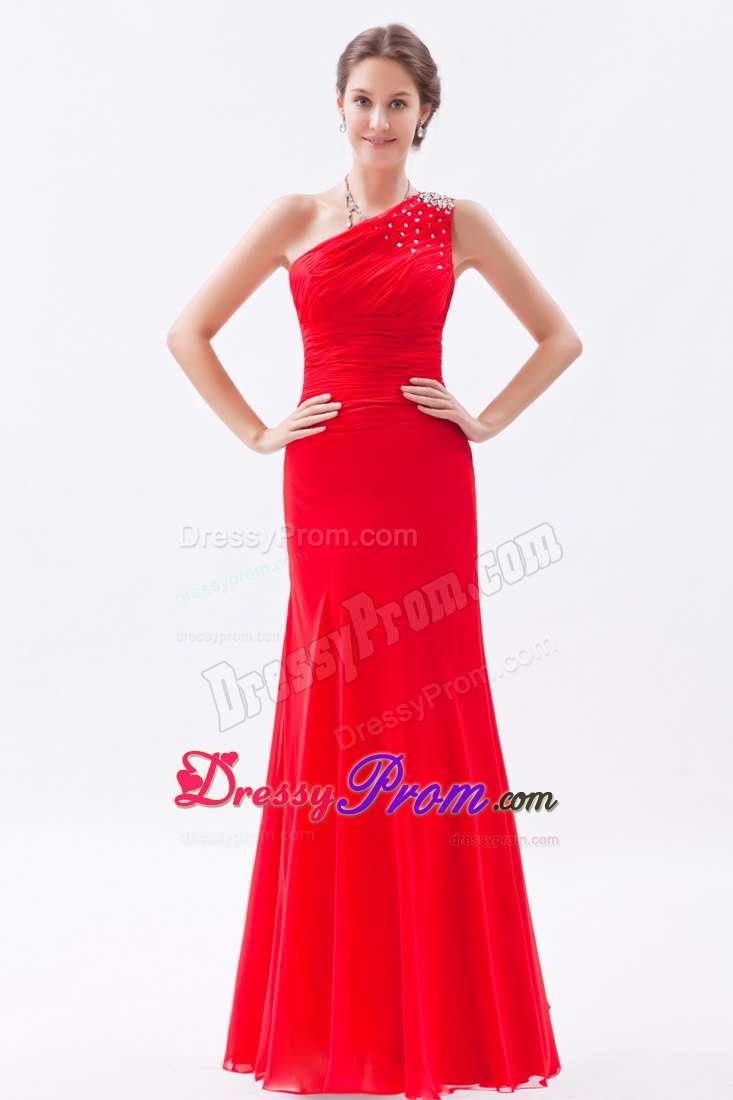Design One Shoulder Ruched Red Prom Dress with Rhinestones