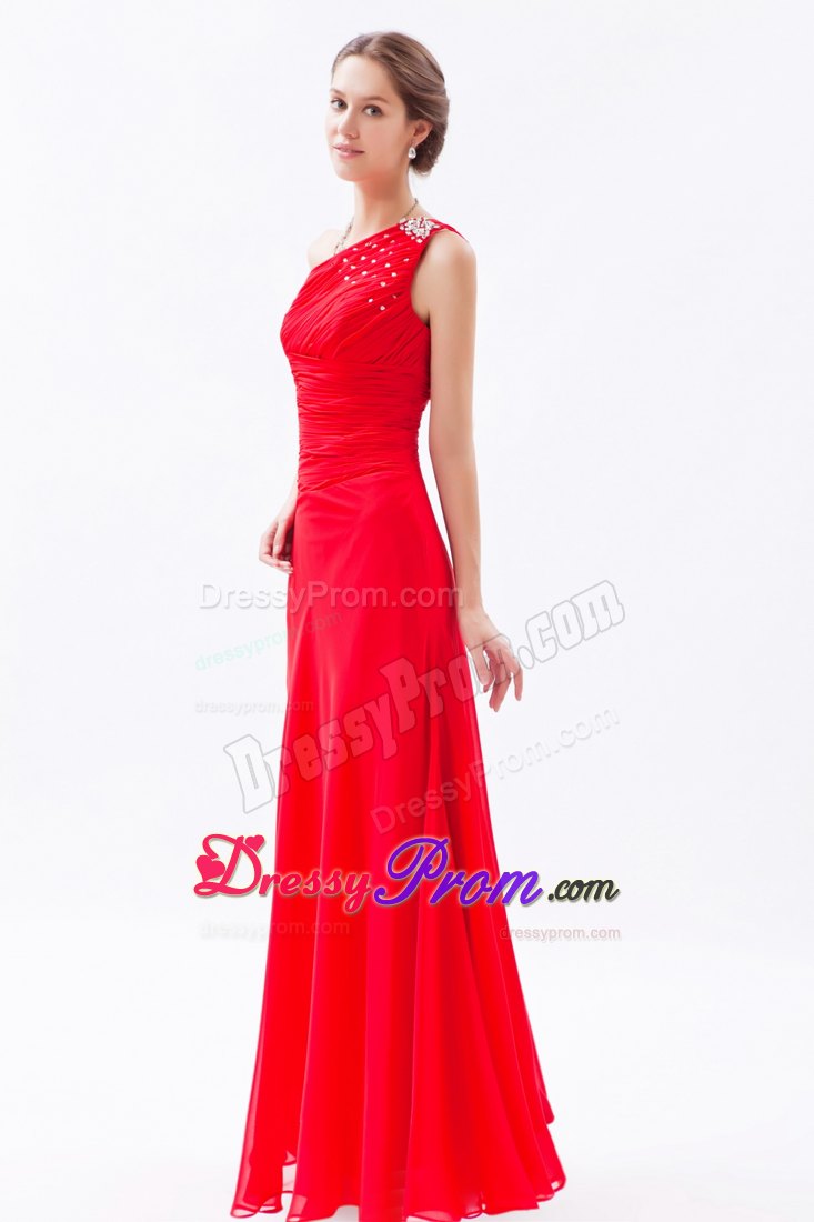 Design One Shoulder Ruched Red Prom Dress with Rhinestones