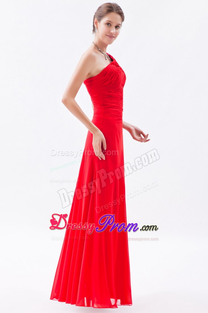 Design One Shoulder Ruched Red Prom Dress with Rhinestones