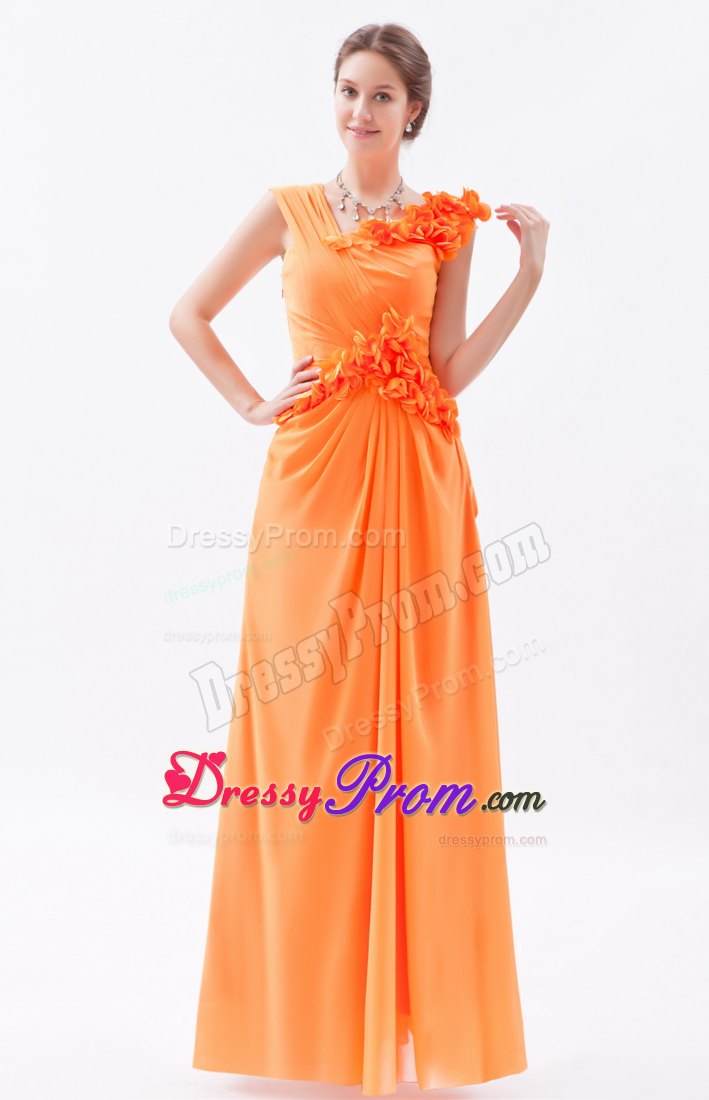Asymmetrical Orange Column Hand Flowers Chiffon Prom Dress
