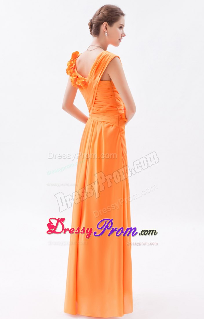 Asymmetrical Orange Column Hand Flowers Chiffon Prom Dress