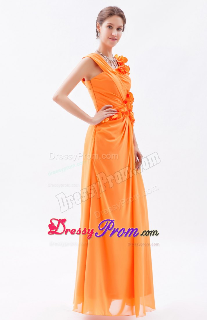 Asymmetrical Orange Column Hand Flowers Chiffon Prom Dress
