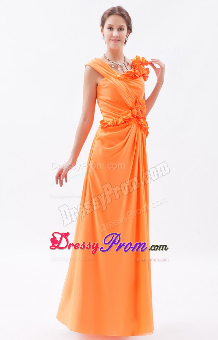 Asymmetrical Orange Column Hand Flowers Chiffon Prom Dress
