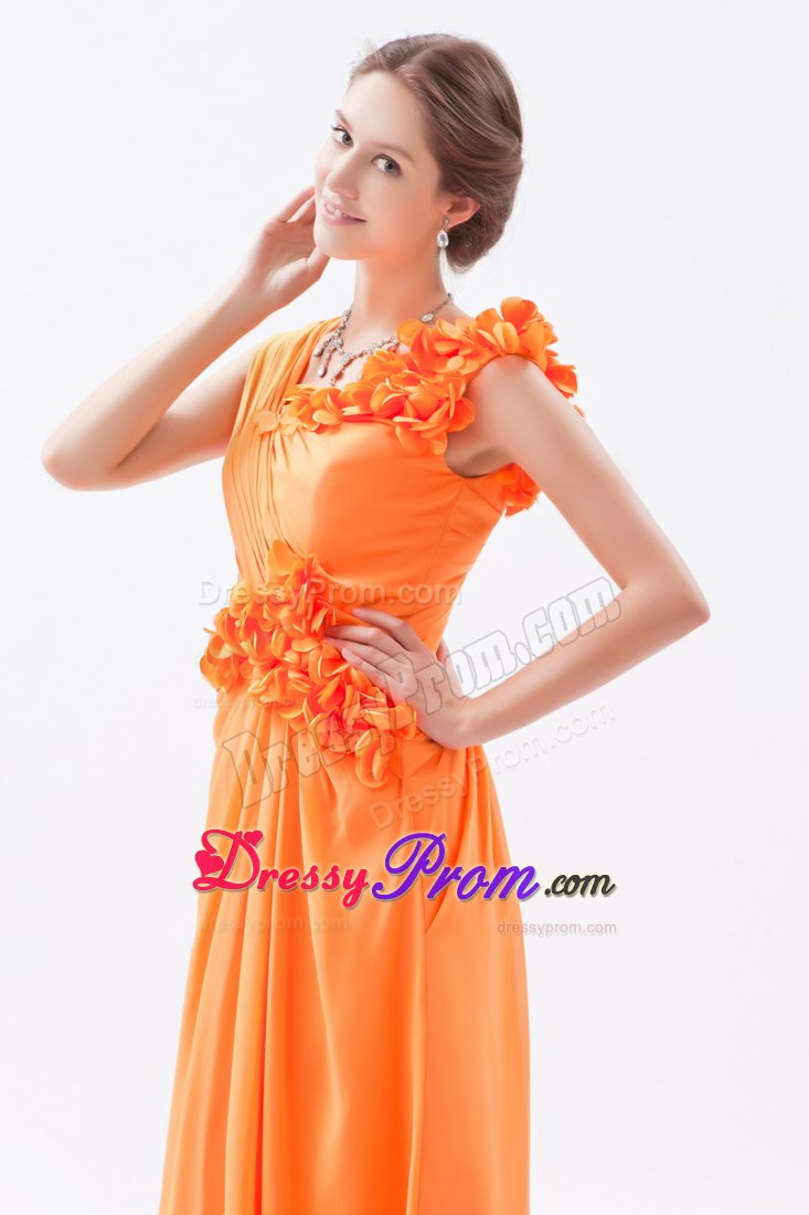 Asymmetrical Orange Column Hand Flowers Chiffon Prom Dress