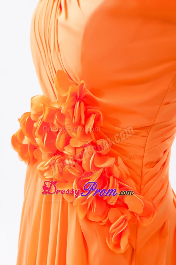 Asymmetrical Orange Column Hand Flowers Chiffon Prom Dress