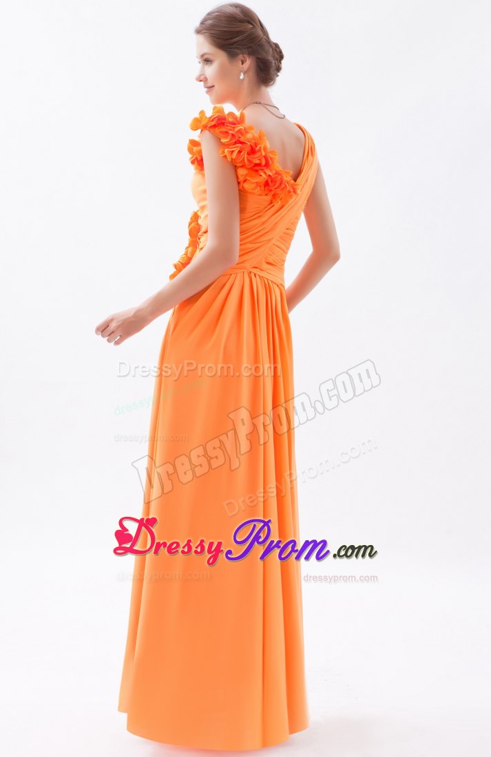 Asymmetrical Orange Column Hand Flowers Chiffon Prom Dress