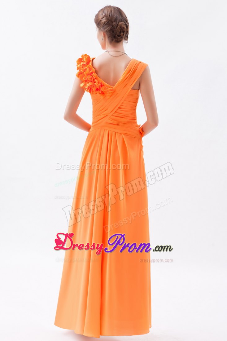 Asymmetrical Orange Column Hand Flowers Chiffon Prom Dress