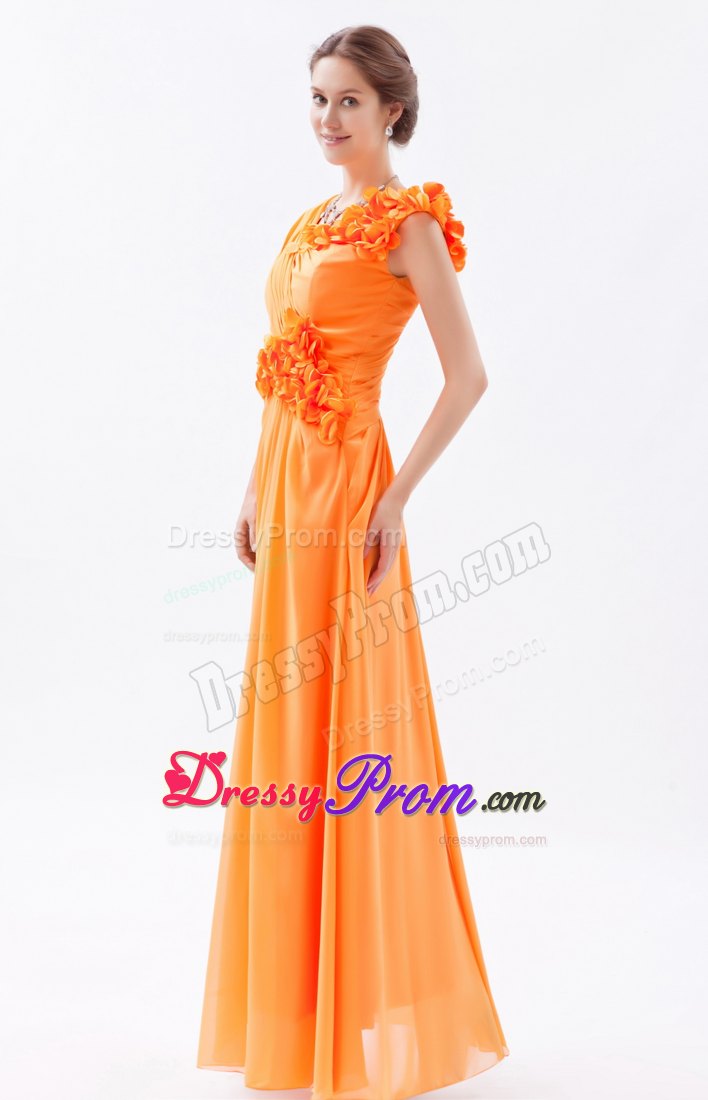 Asymmetrical Orange Column Hand Flowers Chiffon Prom Dress