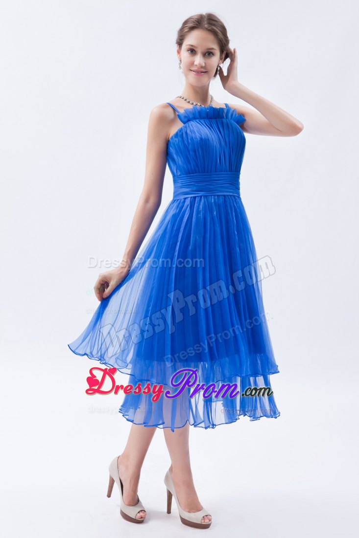 Brand New Blue Pleated Prom Evening Dress with Spaghetti Straps