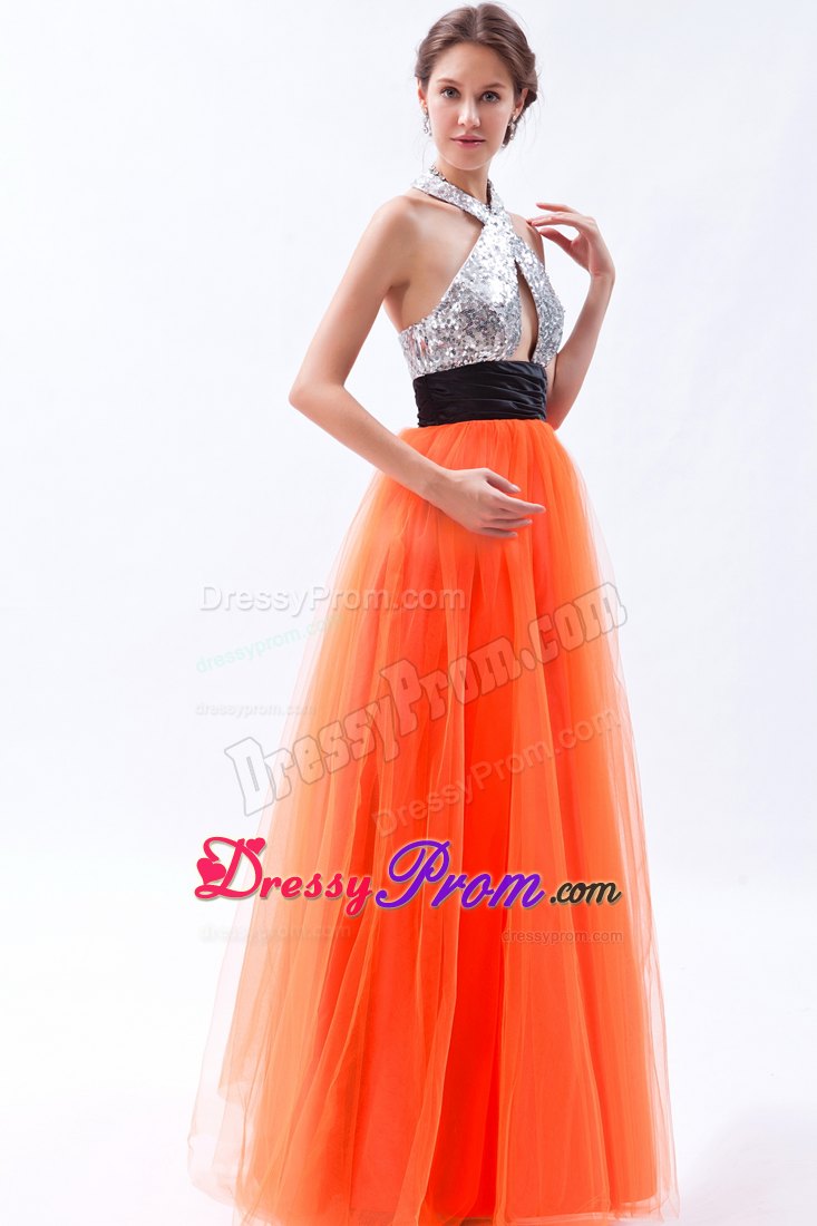 Sexy Orange Red Halter Empire Sash Prom Dress in Tulle and Sequin