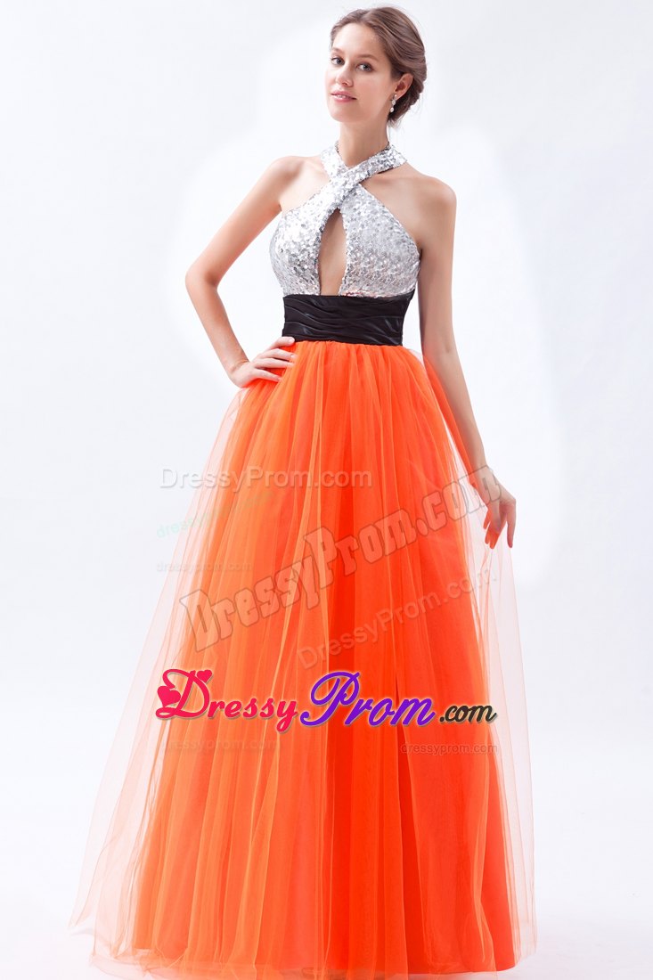 Sexy Orange Red Halter Empire Sash Prom Dress in Tulle and Sequin