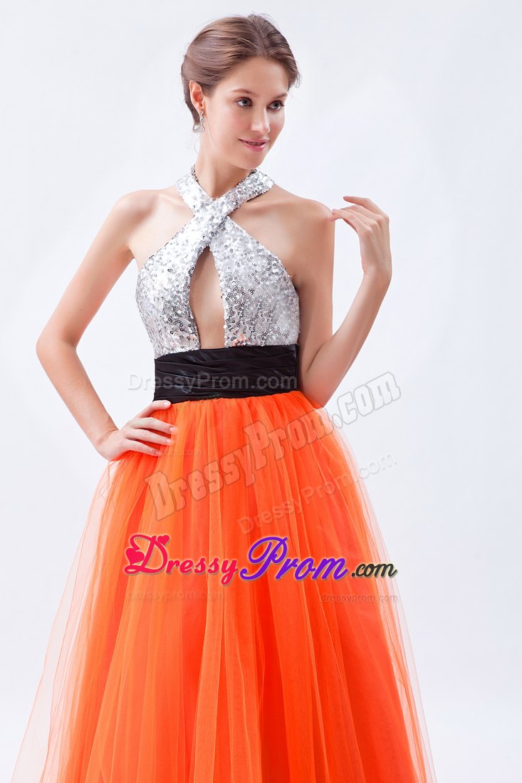 Sexy Orange Red Halter Empire Sash Prom Dress in Tulle and Sequin