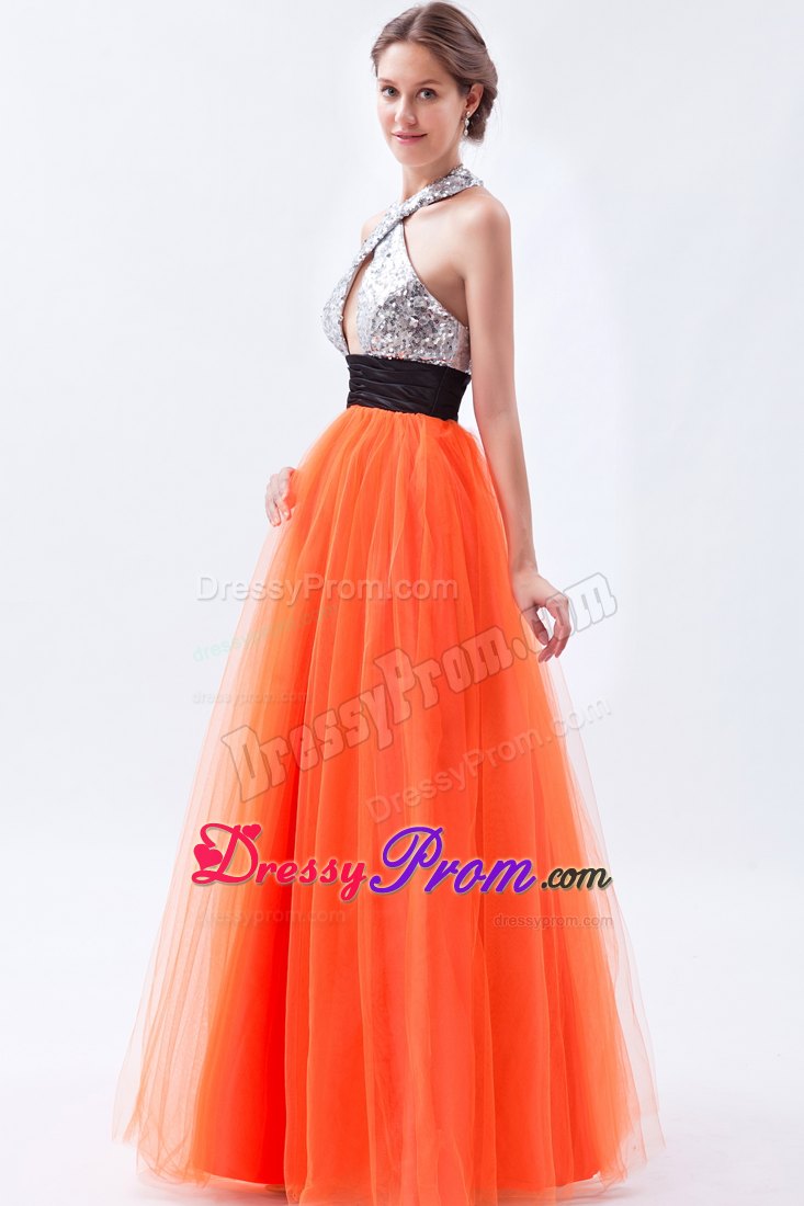 Sexy Orange Red Halter Empire Sash Prom Dress in Tulle and Sequin