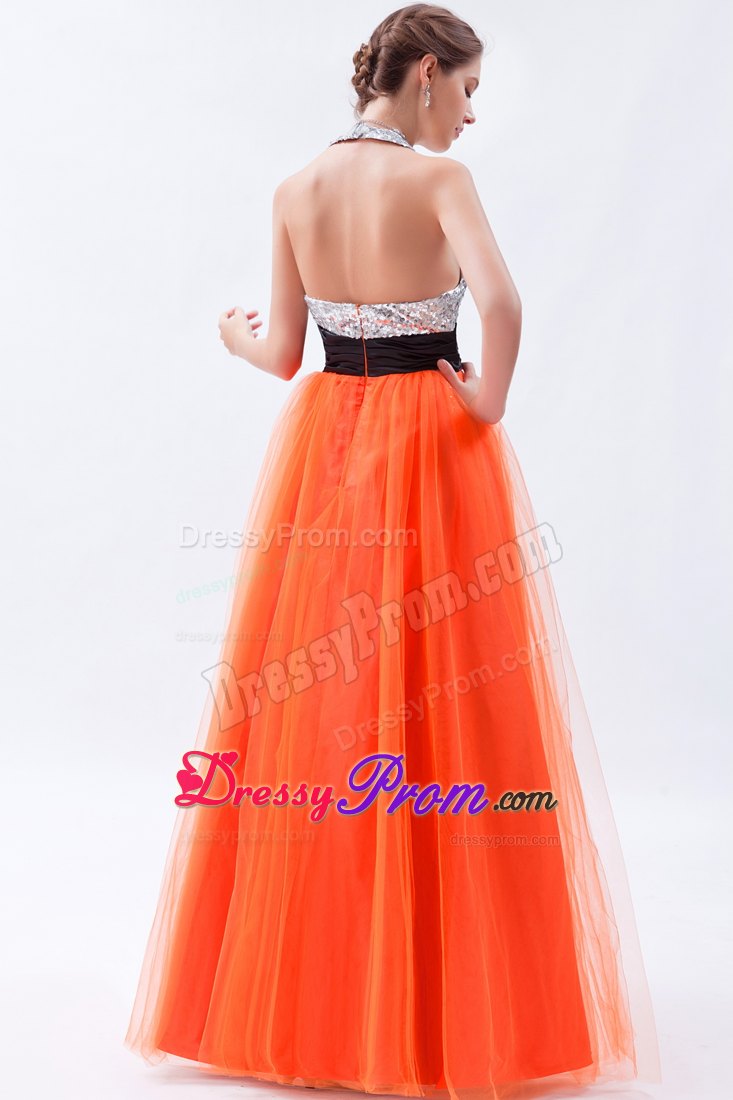 Sexy Orange Red Halter Empire Sash Prom Dress in Tulle and Sequin