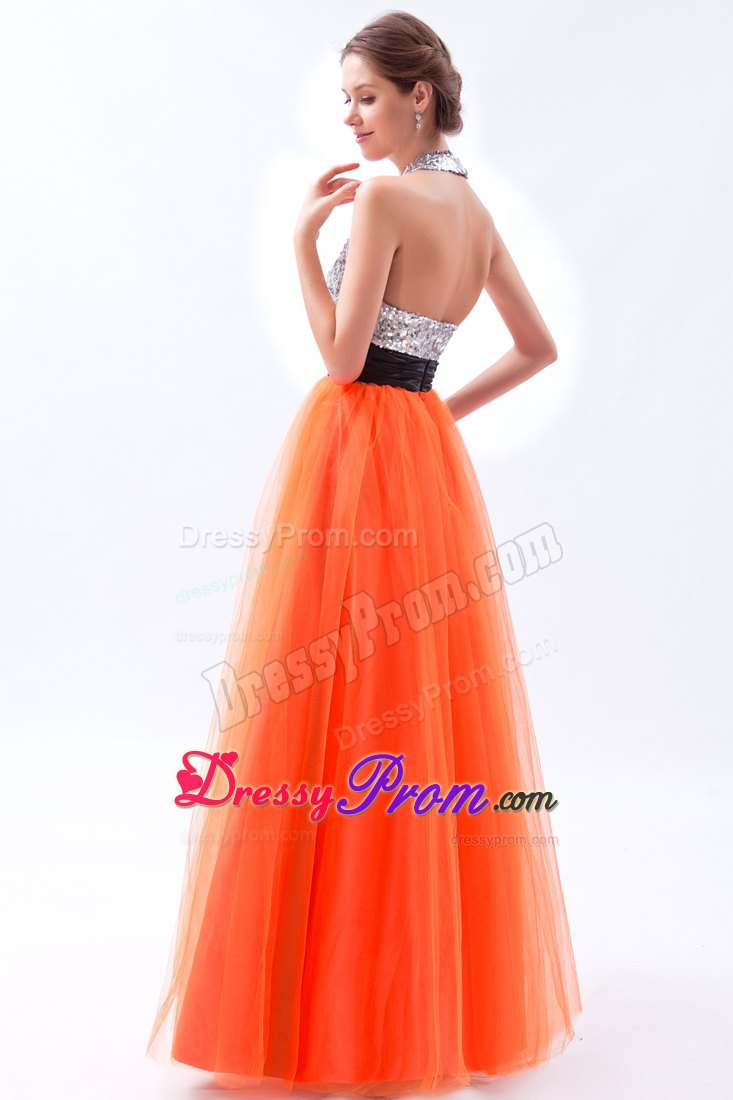 Sexy Orange Red Halter Empire Sash Prom Dress in Tulle and Sequin