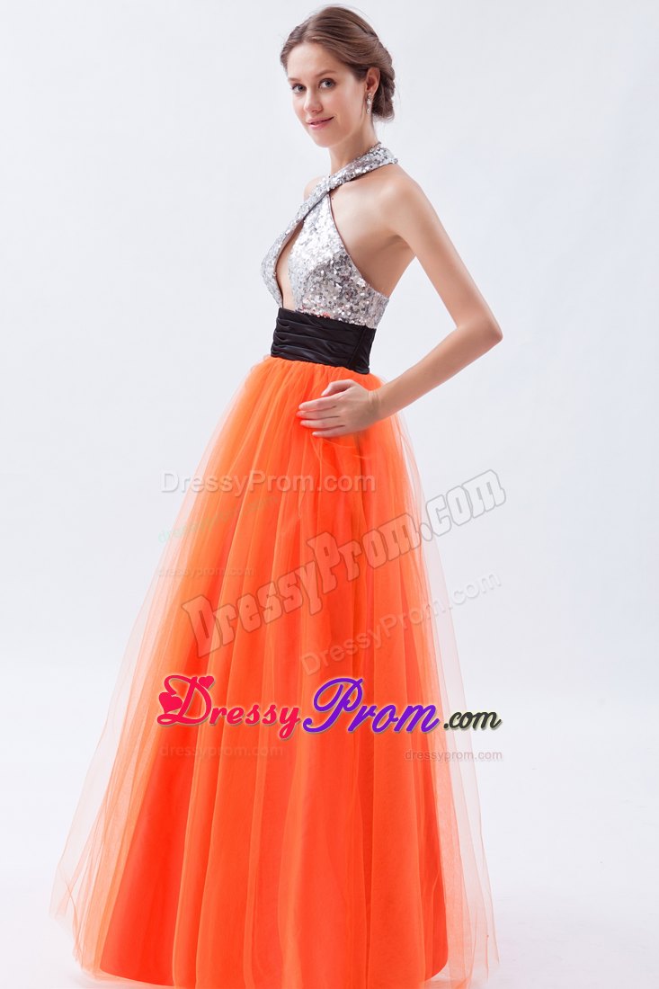 Sexy Orange Red Halter Empire Sash Prom Dress in Tulle and Sequin