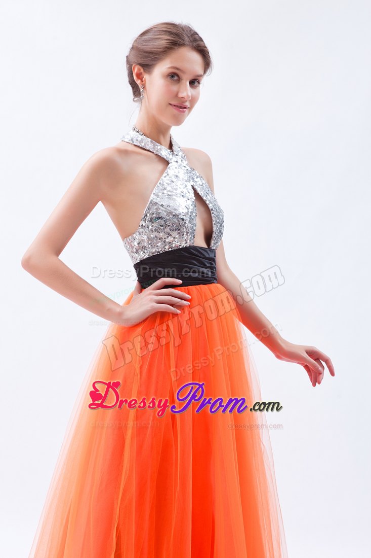 Sexy Orange Red Halter Empire Sash Prom Dress in Tulle and Sequin