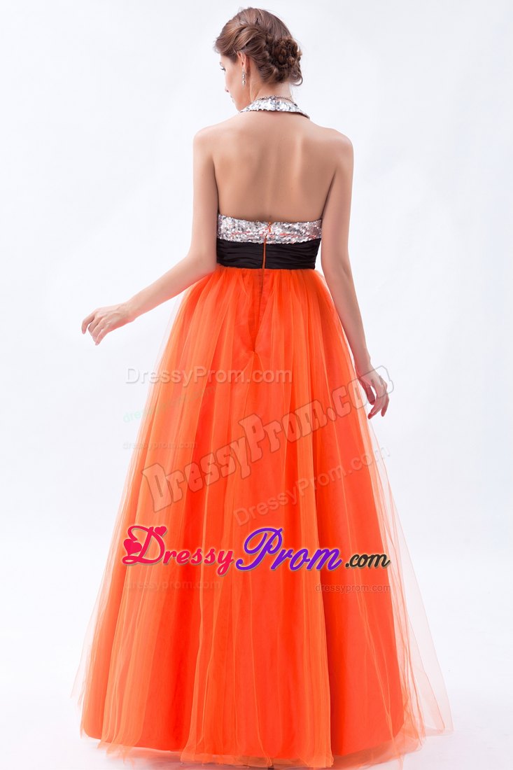 Sexy Orange Red Halter Empire Sash Prom Dress in Tulle and Sequin
