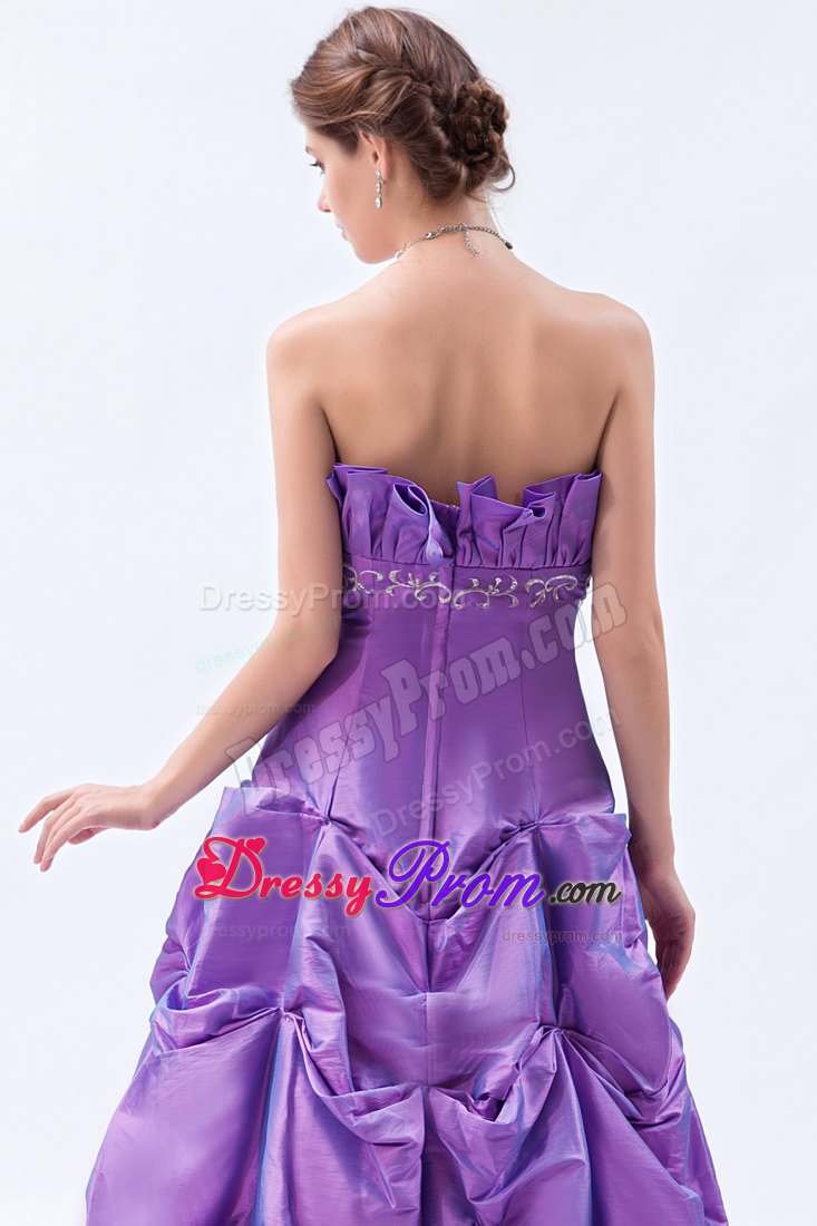 A-line Strapless Purple Floor-length Prom Dress with Embroidery