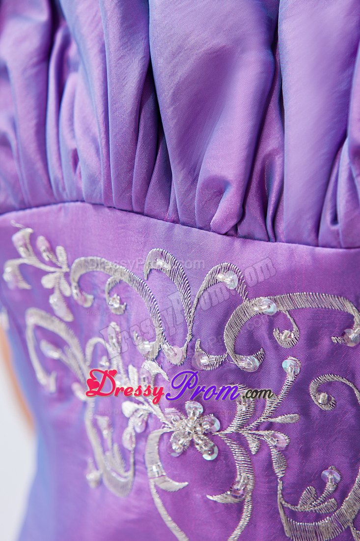 A-line Strapless Purple Floor-length Prom Dress with Embroidery