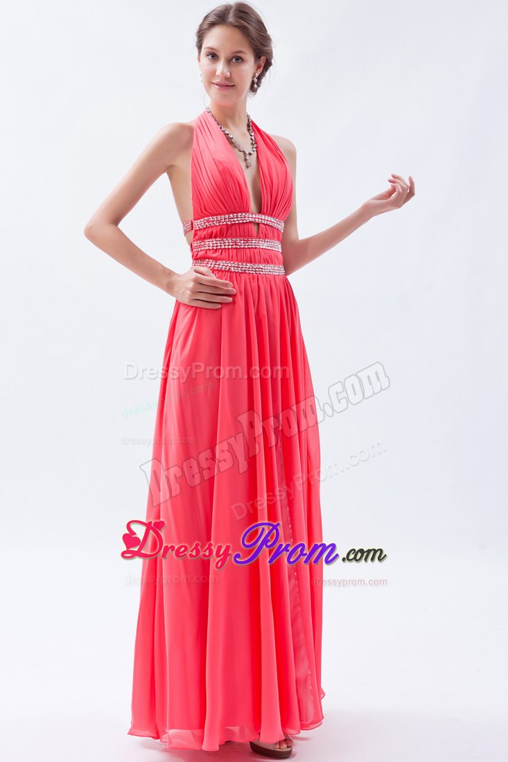 Halter Empire Chiffon Beading Floor-length Prom Dress in Watermelon