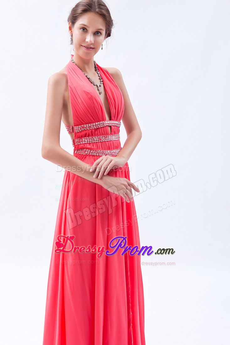 Halter Empire Chiffon Beading Floor-length Prom Dress in Watermelon