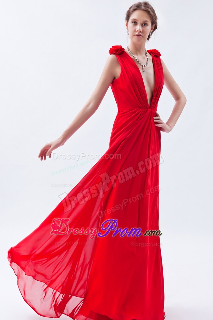 Empire V-neck Red Floor-length Chiffon Prom Dress with Beading