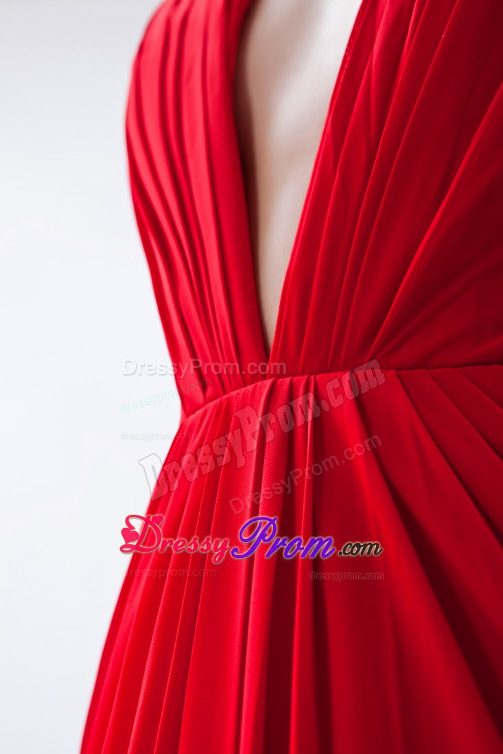 Empire V-neck Red Floor-length Chiffon Prom Dress with Beading