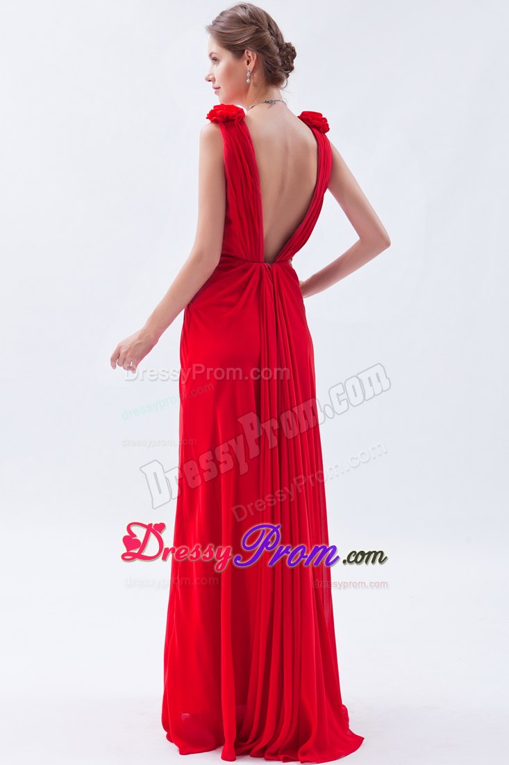 Empire V-neck Red Floor-length Chiffon Prom Dress with Beading