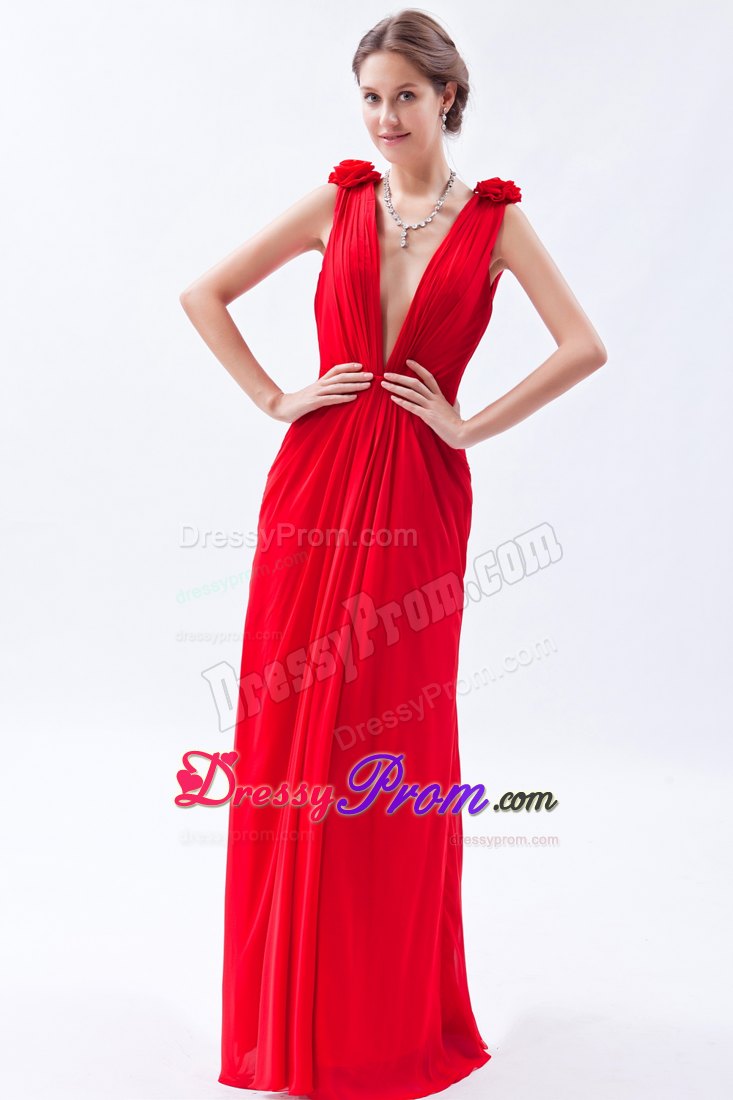 Empire V-neck Red Floor-length Chiffon Prom Dress with Beading