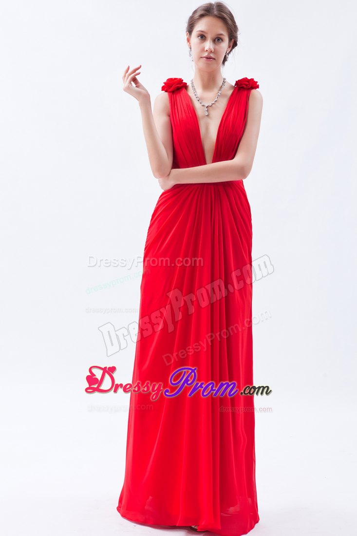 Empire V-neck Red Floor-length Chiffon Prom Dress with Beading