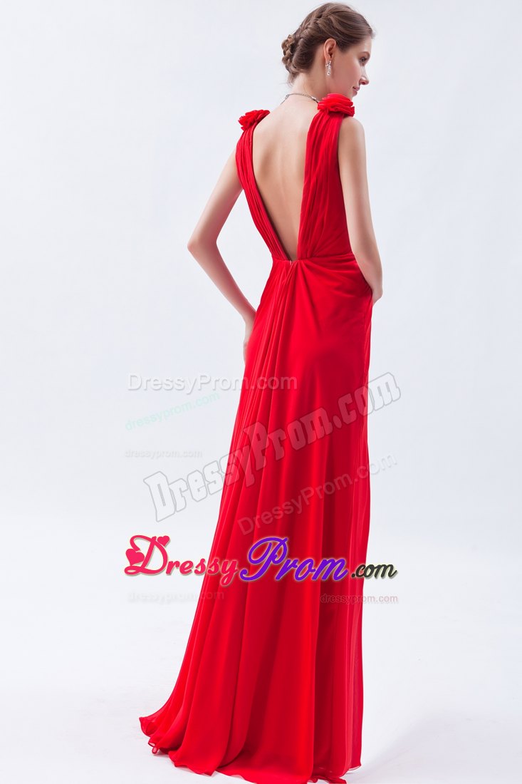 Empire V-neck Red Floor-length Chiffon Prom Dress with Beading