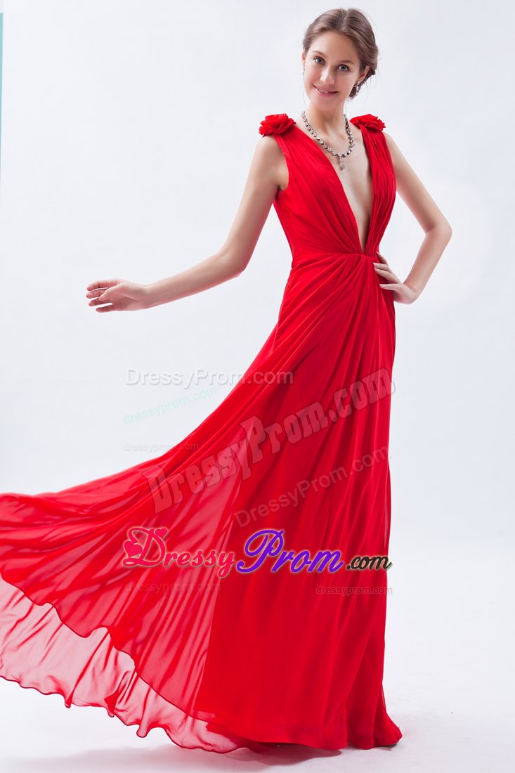 Empire V-neck Red Floor-length Chiffon Prom Dress with Beading