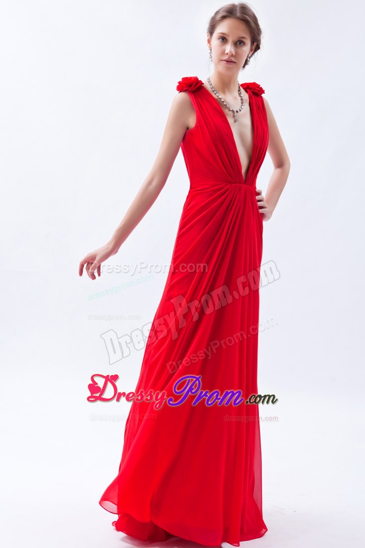 Empire V-neck Red Floor-length Chiffon Prom Dress with Beading