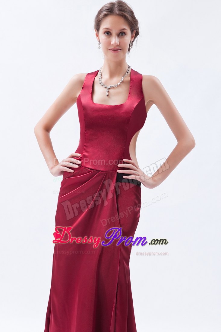 Straps Square Wine Red Column Slit Satin Floor-length Prom Dress