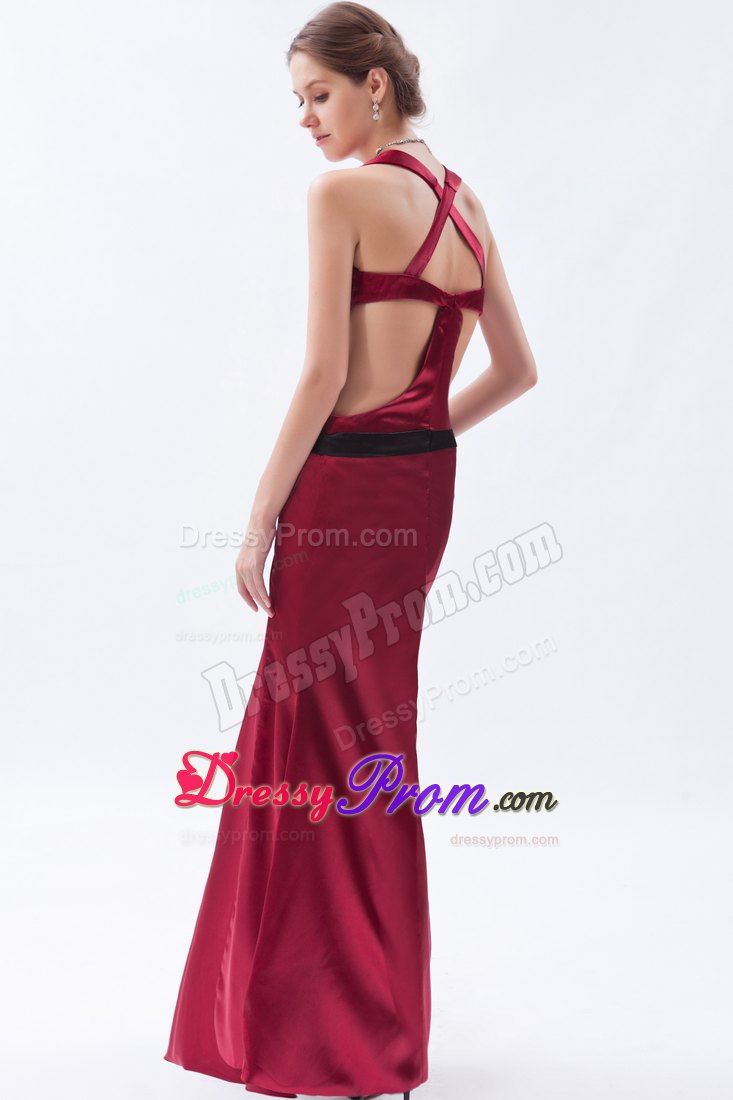 Straps Square Wine Red Column Slit Satin Floor-length Prom Dress
