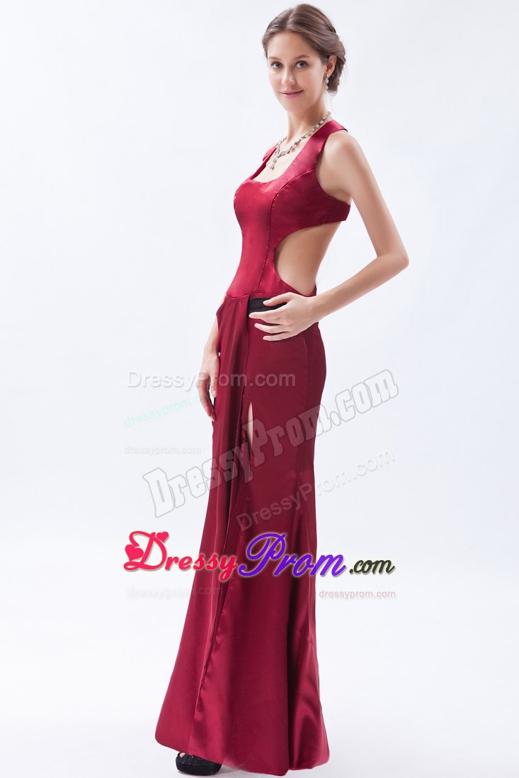 Straps Square Wine Red Column Slit Satin Floor-length Prom Dress