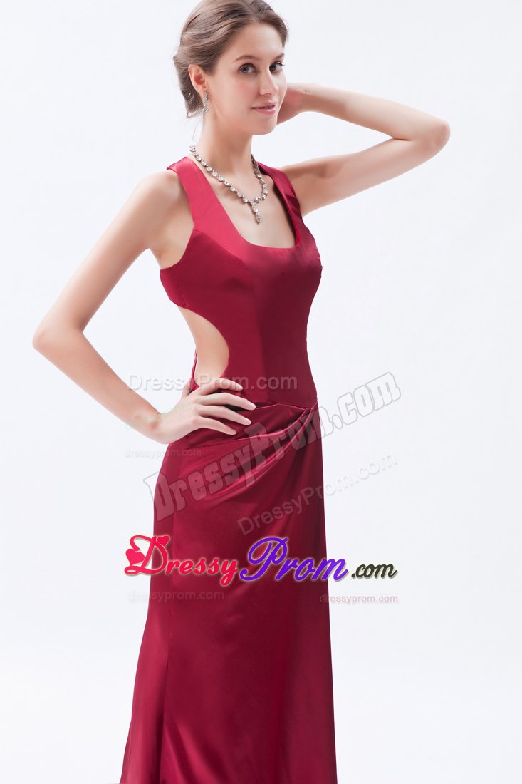 Straps Square Wine Red Column Slit Satin Floor-length Prom Dress