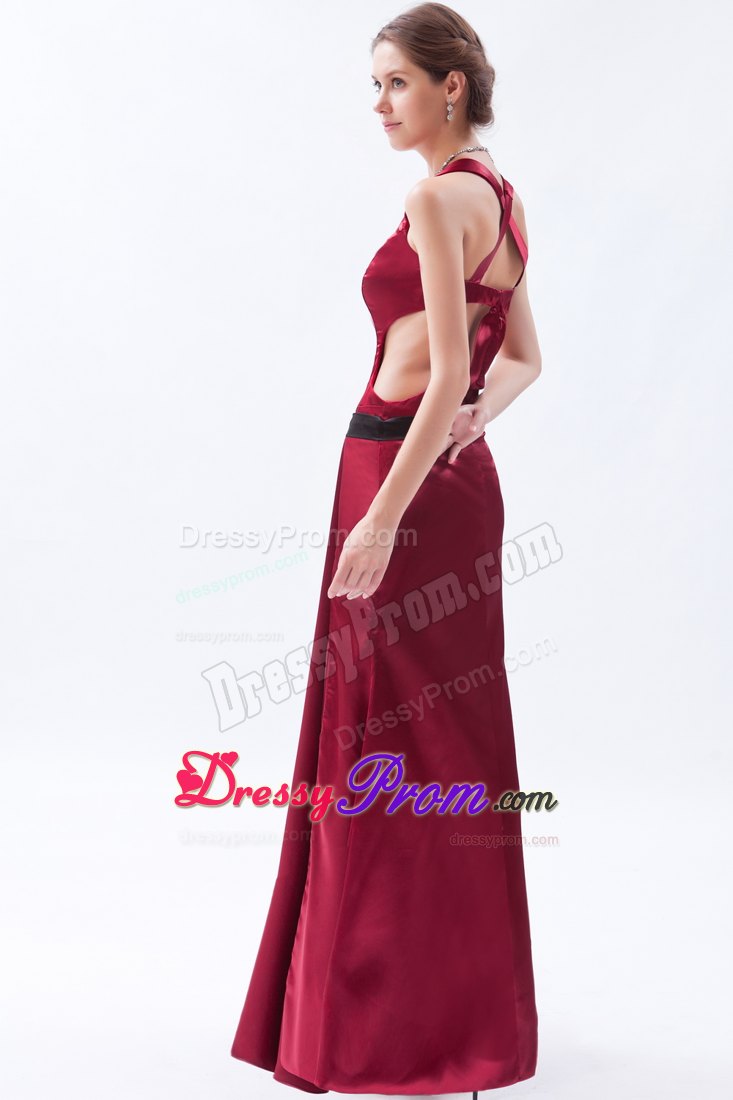 Straps Square Wine Red Column Slit Satin Floor-length Prom Dress