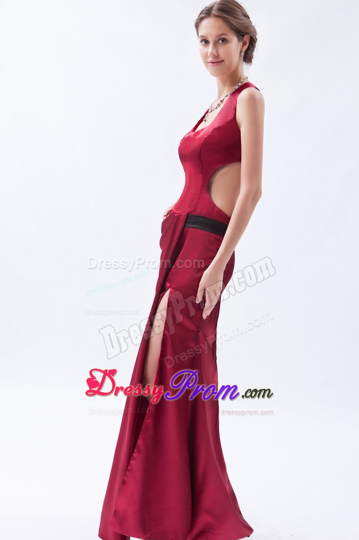 Straps Square Wine Red Column Slit Satin Floor-length Prom Dress