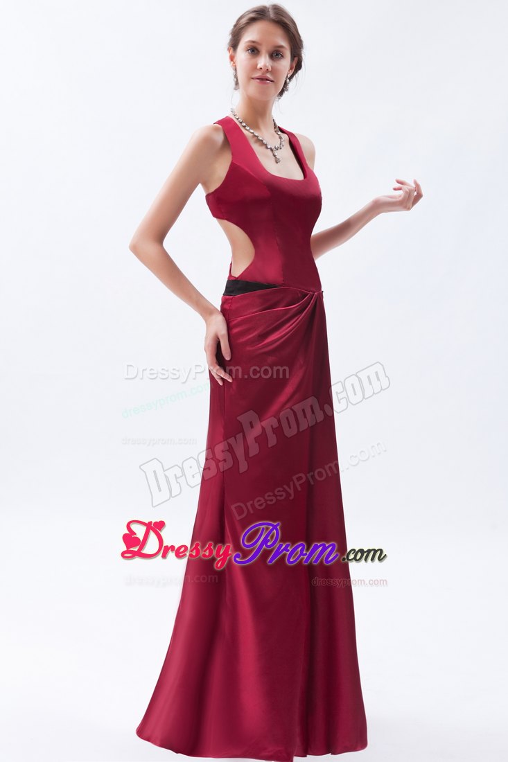 Straps Square Wine Red Column Slit Satin Floor-length Prom Dress
