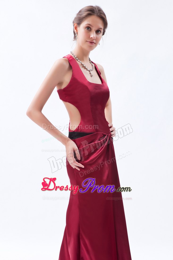 Straps Square Wine Red Column Slit Satin Floor-length Prom Dress